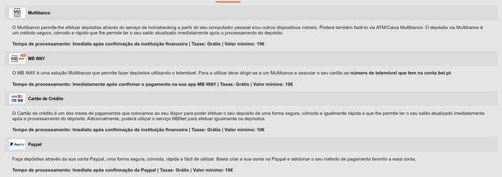 Depósitos e levantamentos em Bet.pt